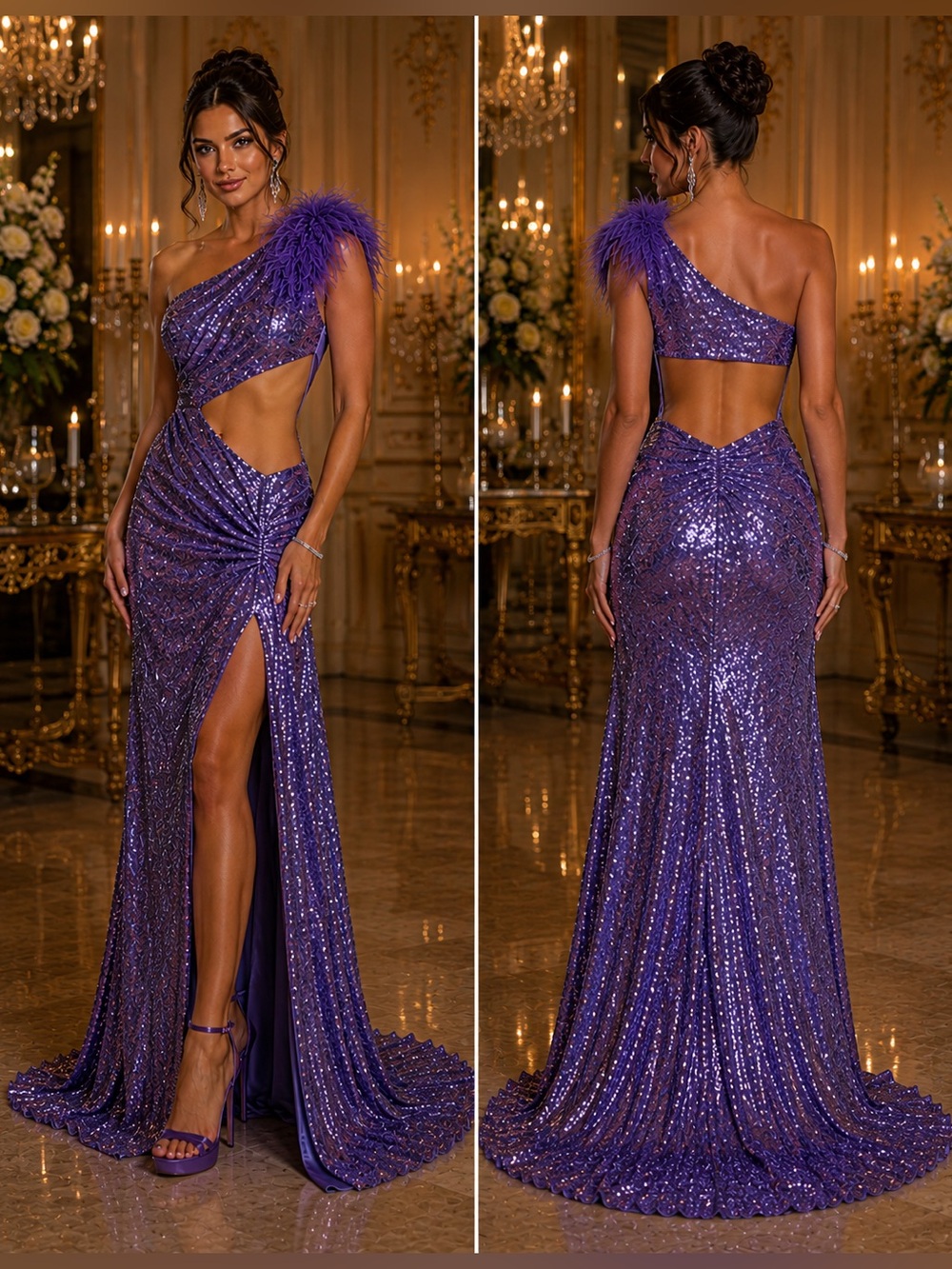 Sherri Hill Purple One-Shoulder Sequin Gown with Feather Accent